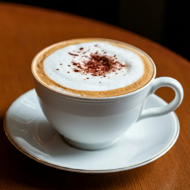 白のカップに入ったカプチーノ。シナモンパウダーがトッピングされている。